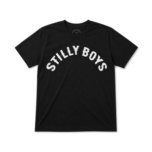 Stilly Boys Arched Logo Tee (Youth) in black — youth tee with white arched STILLY BOYS print across the chest and printed Stilly Boys neck label at the collar.