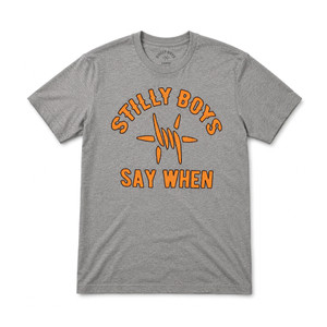 Stilly Boys Say When t-shirt in heather gray with orange chest print of arched lettering and barbed star design — Stillwater, Oklahoma wrestling lifestyle apparel