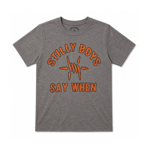 Stilly Boys youth Say When t-shirt in heather gray with vintage orange chest print of arched lettering and barbed star design — Stillwater, Oklahoma youth wrestling apparel