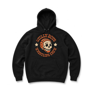 Stilly Boys Reaper hoodie in black with vintage cream and orange chest print of a skull in wrestling headgear circled by Stilly Boys Wrestling Crew lettering — Stillwater, Oklahoma wrestling apparel