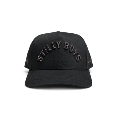 Stilly Boys blackout snapback hat in all black with tonal charcoal 3D embroidered arched lettering and stitched side signature details — Stillwater, Oklahoma wrestling lifestyle apparel