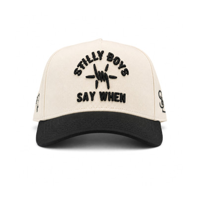 Stilly Boys Say When snapback hat in natural cream with black bill, black 3D embroidered lettering and barbed star design — Stillwater, Oklahoma wrestling lifestyle apparel