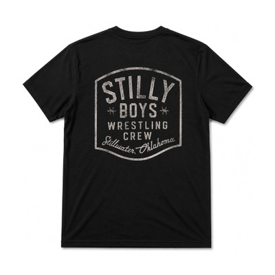 Back: Stilly Boys Badge t-shirt in black, back view with distressed cream vintage badge print reading Stilly Boys Wrestling Crew, Stillwater, Oklahoma