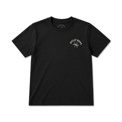 Stilly Boys youth Badge t-shirt in black, front view with cream arched lettering and barbed star left chest print — Stillwater, Oklahoma youth wrestling apparel