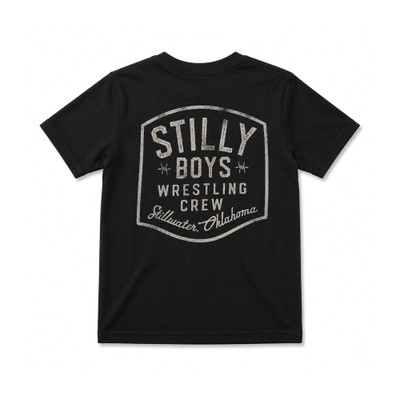 Stilly Boys youth Badge t-shirt in black, back view with distressed cream vintage badge print reading Stilly Boys Wrestling Crew, Stillwater, Oklahoma