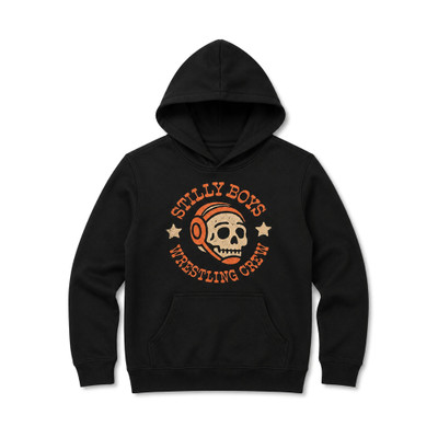 Stilly Boys youth Reaper hoodie in black with vintage cream and orange chest print of a skull in wrestling headgear circled by Stilly Boys Wrestling Crew lettering — Stillwater, Oklahoma youth wrestling apparel