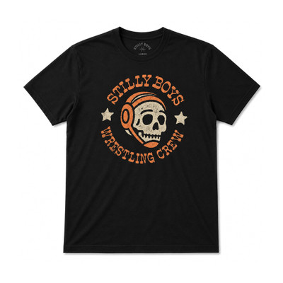 Stilly Boys Reaper t-shirt in black with vintage cream and orange chest print of a skull in wrestling headgear circled by Stilly Boys Wrestling Crew lettering — Stillwater, Oklahoma wrestling apparel