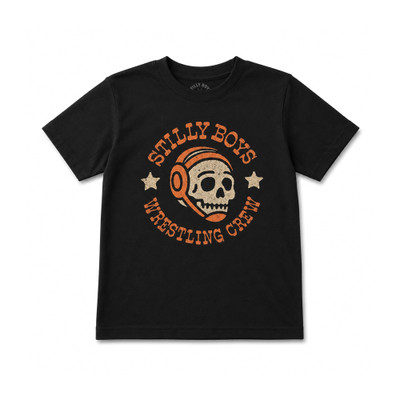Stilly Boys youth Reaper t-shirt in black with vintage cream and orange chest print of a skull in wrestling headgear circled by Stilly Boys Wrestling Crew lettering — Stillwater, Oklahoma youth wrestling apparel