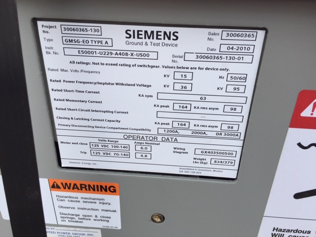 Siemens GMSG-EO Type A 1200/2000/3000A 15KV Ground & Test Unit ...