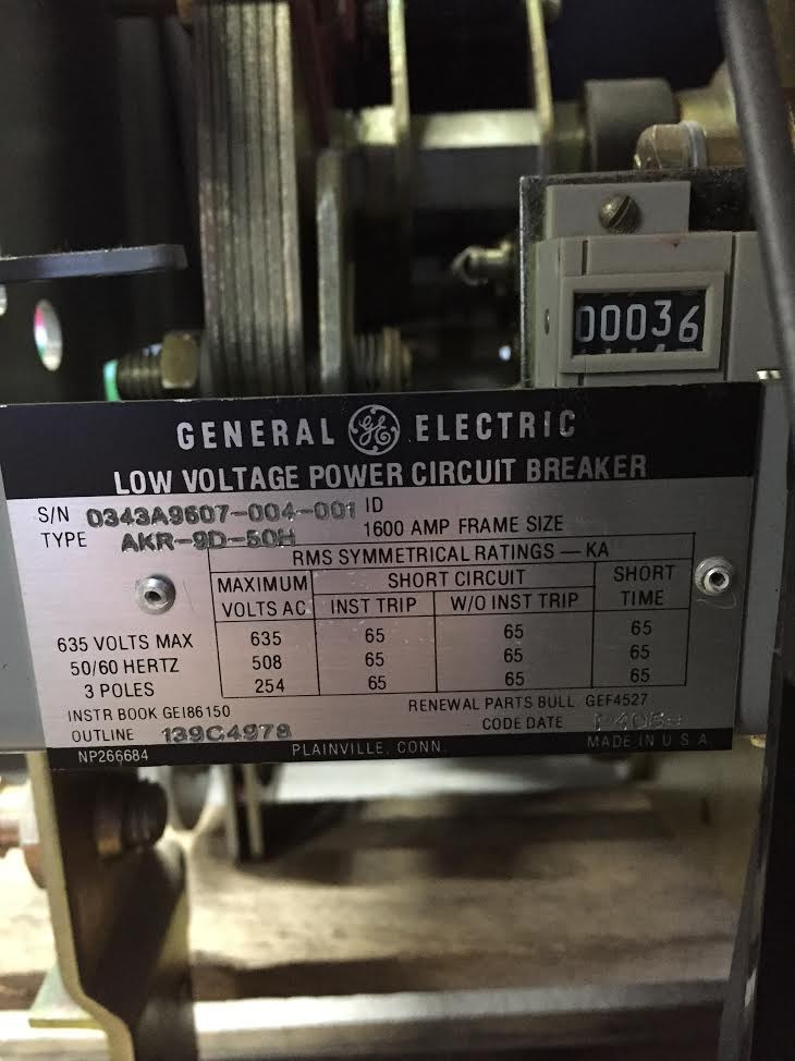 AKR9D50H GE 1600A MO/DO LSIG Air Circuit Breaker Bullock Breakers