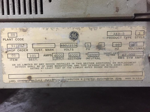 GE AKD-8 Style 3 Main-Tie Switchgear (#139) - Bullock Breakers