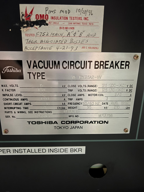 VK-10M25A2-VV Toshiba 1200A 15KV Vacuum Circuit Breaker - Bullock