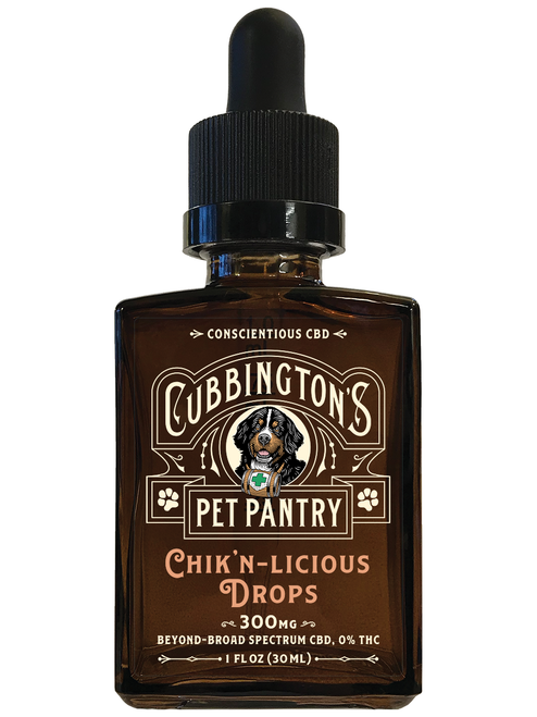 Front label for Cubbington's Cabinet Pet Pantry Chik'n-licious Drops, 300mg CBD Tincture for pets
