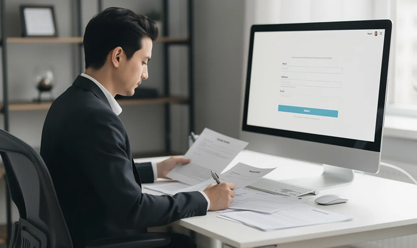 attorney reviewing trademark documents while a computer screen displays an online form related to trademark registration