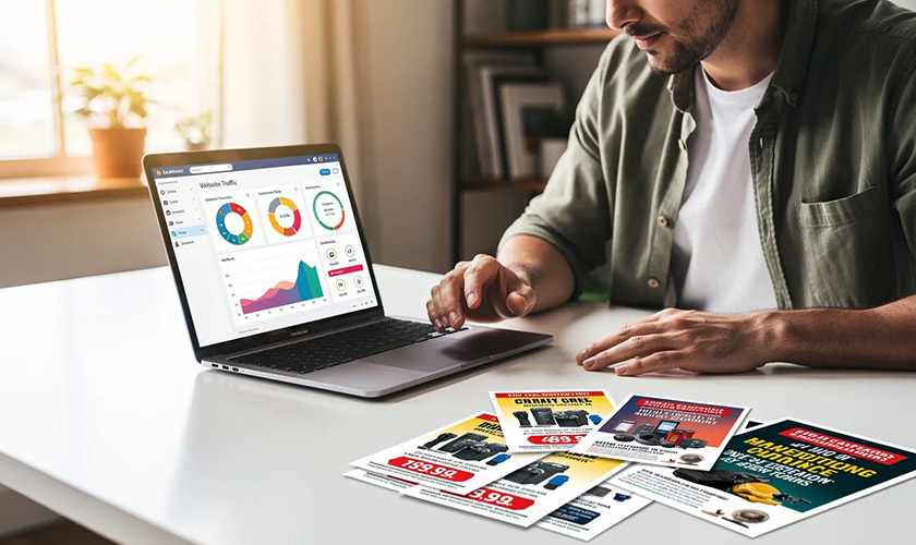 business owner reviewing marketing analytics on a laptop of direct mail pieces