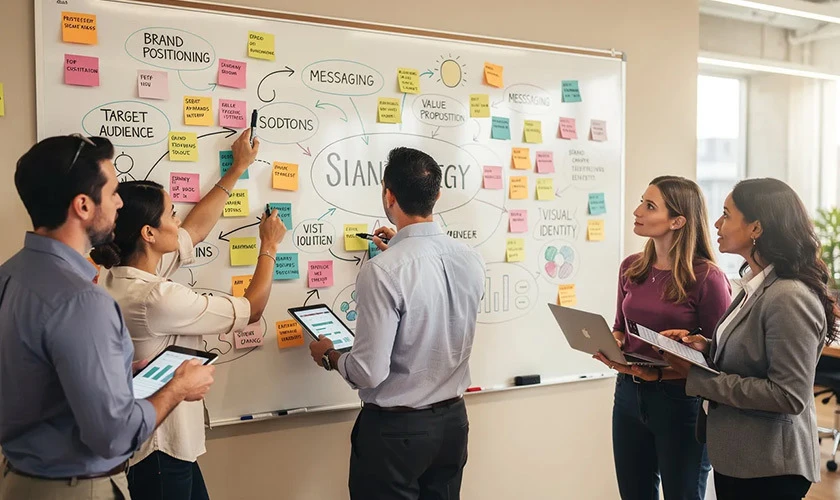 team brainstorming around a whiteboard filled with colorful sticky notes, outlining brand strategy concepts to increase brand awareness.