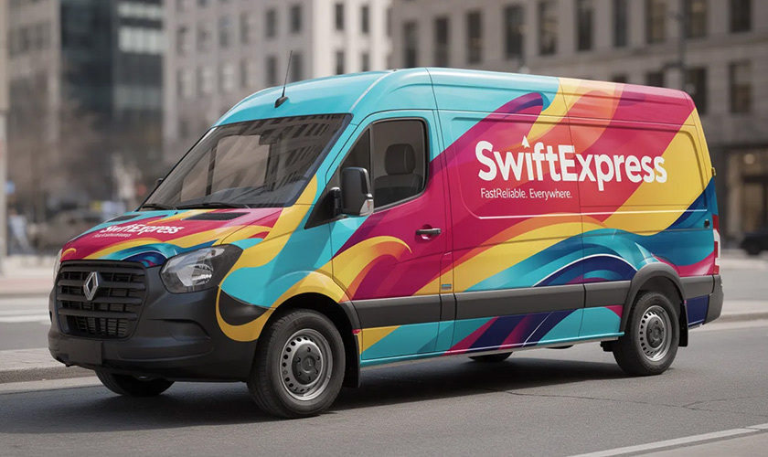 commercial delivery van with a full-color vehicle wrap graphic