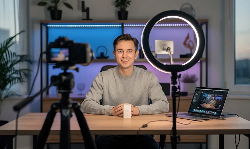 content creator filming product review in a home studio, ring light and camera equipment to boost brand awareness via social media and brand strategy.