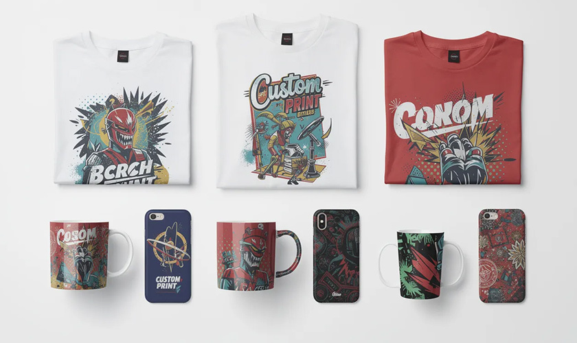 variety of custom printed products - t-shirts, mugs, and phone cases