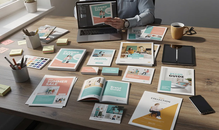 designer creating marketing materials, with various printed samples of direct mail pieces spread across the desk