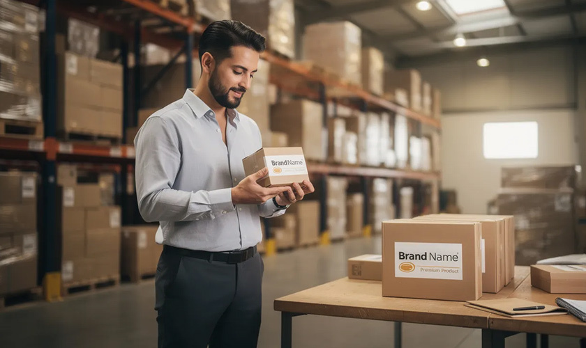 entrepreneur is reviewing branded product packaging in a warehouse