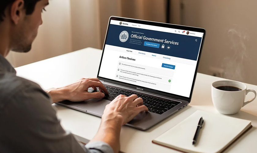 person seated at a desk, trademark website on their laptop, trademark registration