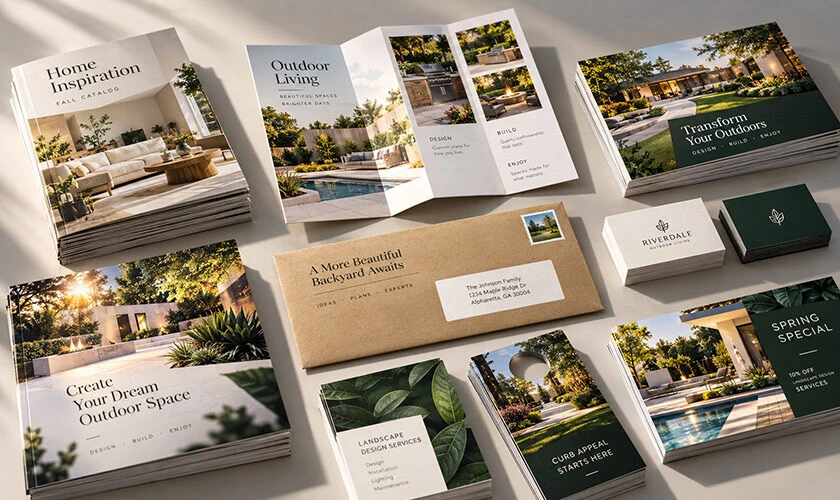 stacks of colorful printed brochures, magazines, and packaging materials on a table, showcasing high-quality from offset printing