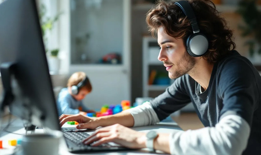 parent is focused on their laptop while wearing headphones doing remote work