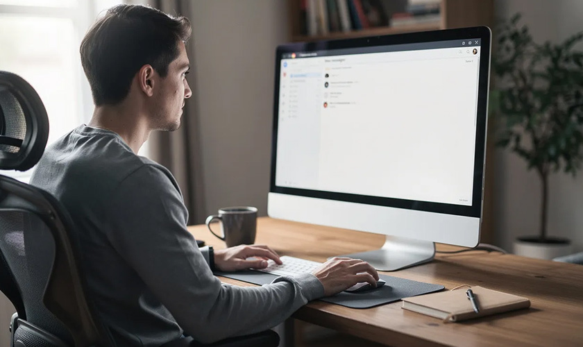 person sitting at desk checking their email