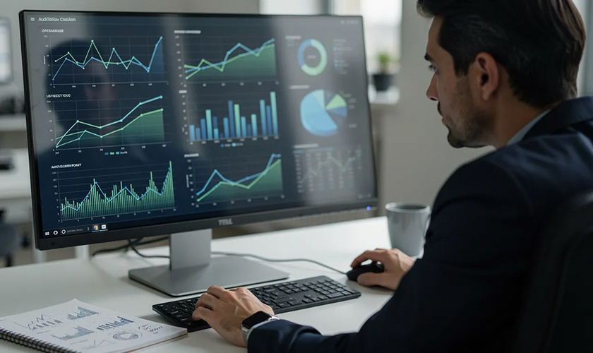 person doing marketing analytics looking at data charts on a computer monitor