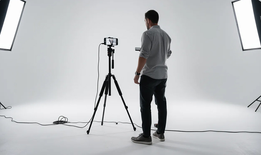 person filming video content in a bright studio for their content marketing strategy