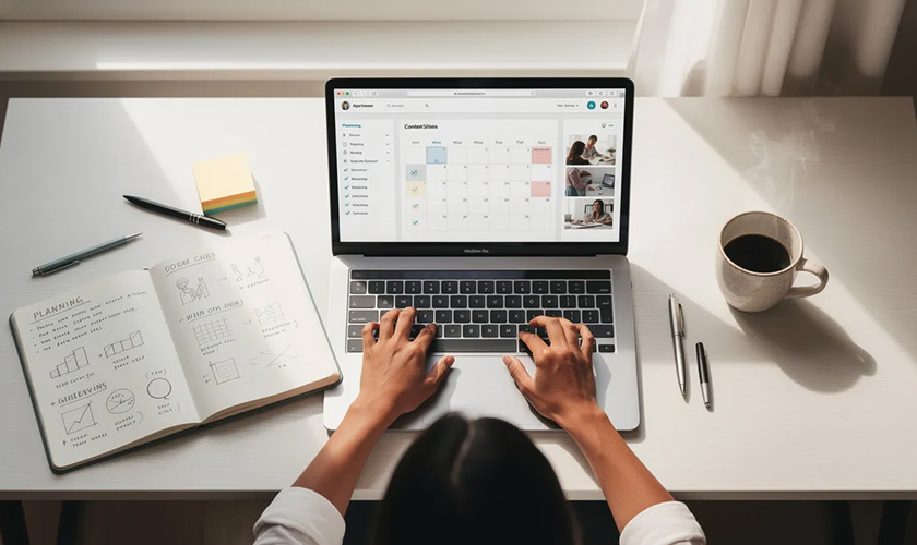 person sitting at desk working on a laptop planning their content marketing strategy