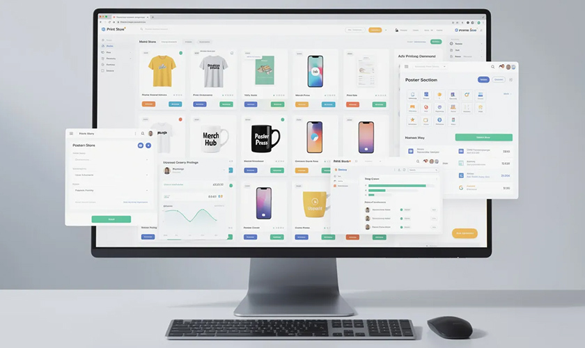 computer screen with print on demand marketplace and fulfillment service platforms