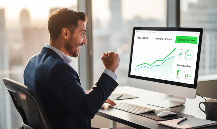 successful print on demand owner is celebrating their sales dashboard of their online store