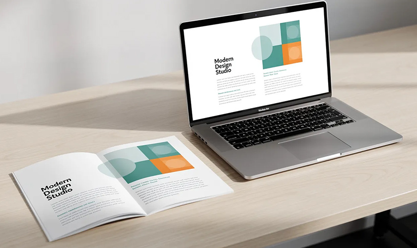 printed brochure placed next to a laptop screen, both displaying a similar design color scheme