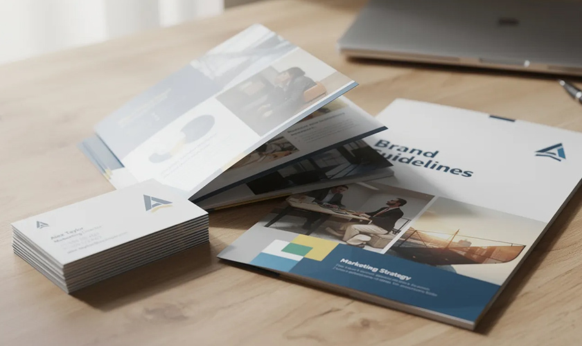 printed marketing materials, including brochures, business cards, and folders