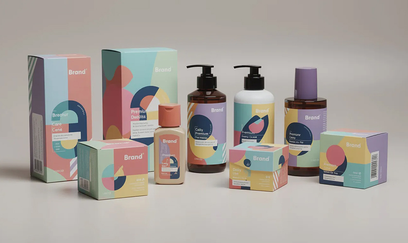 product packaging print design boxes and bottles with colorful printed labels and stickers