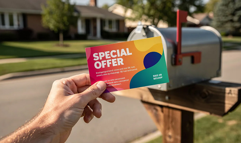 vibrant promotional postcard from mailbox from a direct mail marketing campaign