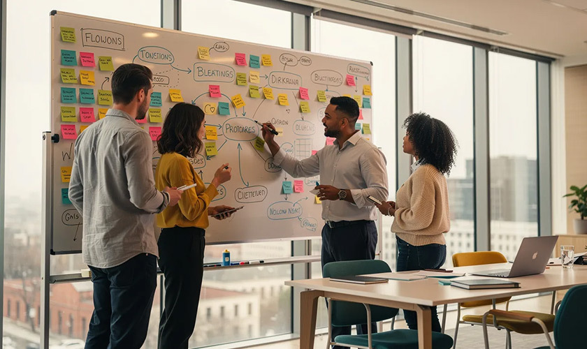team of content marketers creating a content marketing strategy at a large whiteboard in a modern office