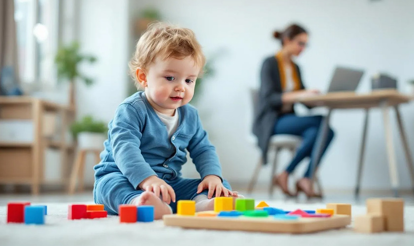toddler happily playing with toys, while a parent works at a desk