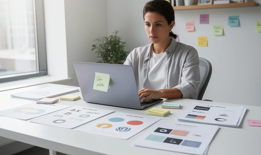 person seated at a desk, developing a brand identity for trademark registration