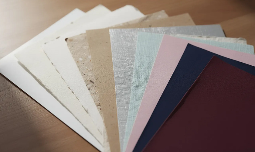 variety of paper samples with different textures and colors fanned out on a table