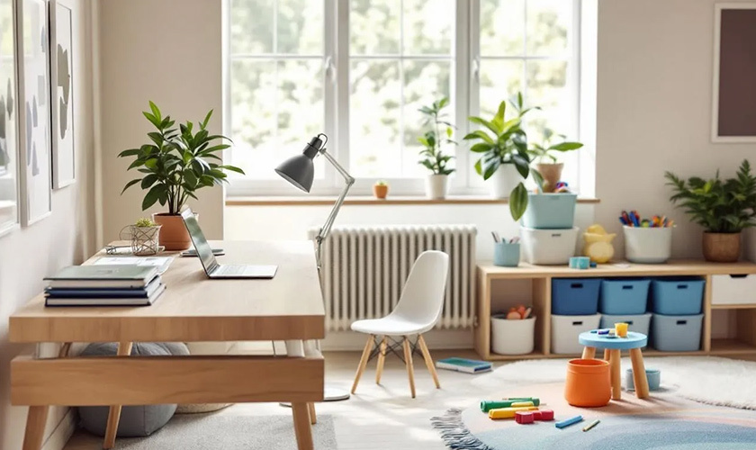 well-organized home office by a designated play area for small kids is set up with toys
