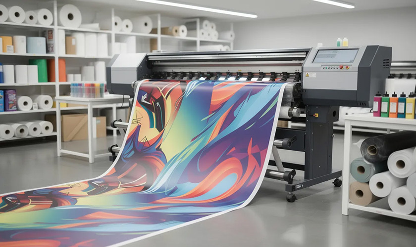 wide format printer is actively producing a large, colorful banner in a professional print shop