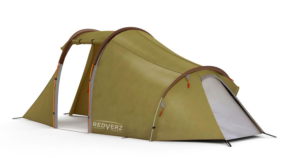 Redverz Atacama 3-person motorcycle tent, view with doors open, shows small entry door at sleep bay. 