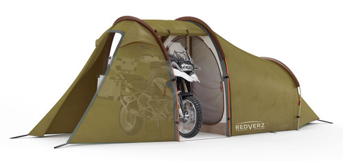 Redverz Motorcycle Tent - Atacama Expedition Tent in Green. Main garage doors open, fits full size adventure motorcycle or full bagger. Shown with BMW R1200GS in garage bay