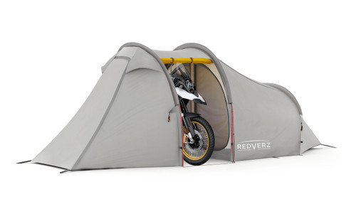 Redverz Atacama Expedition Motorcycle Tent in Yellow. Main garage doors open, fits full size adventure motorcycle or full bagger.
