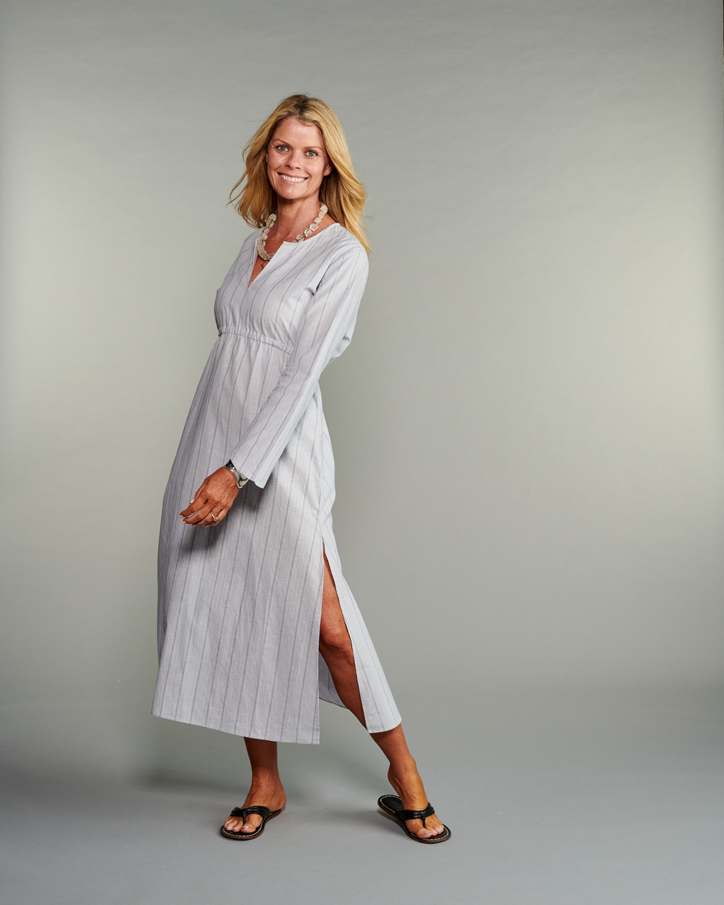 The Caftan in Gray Stripe Linen