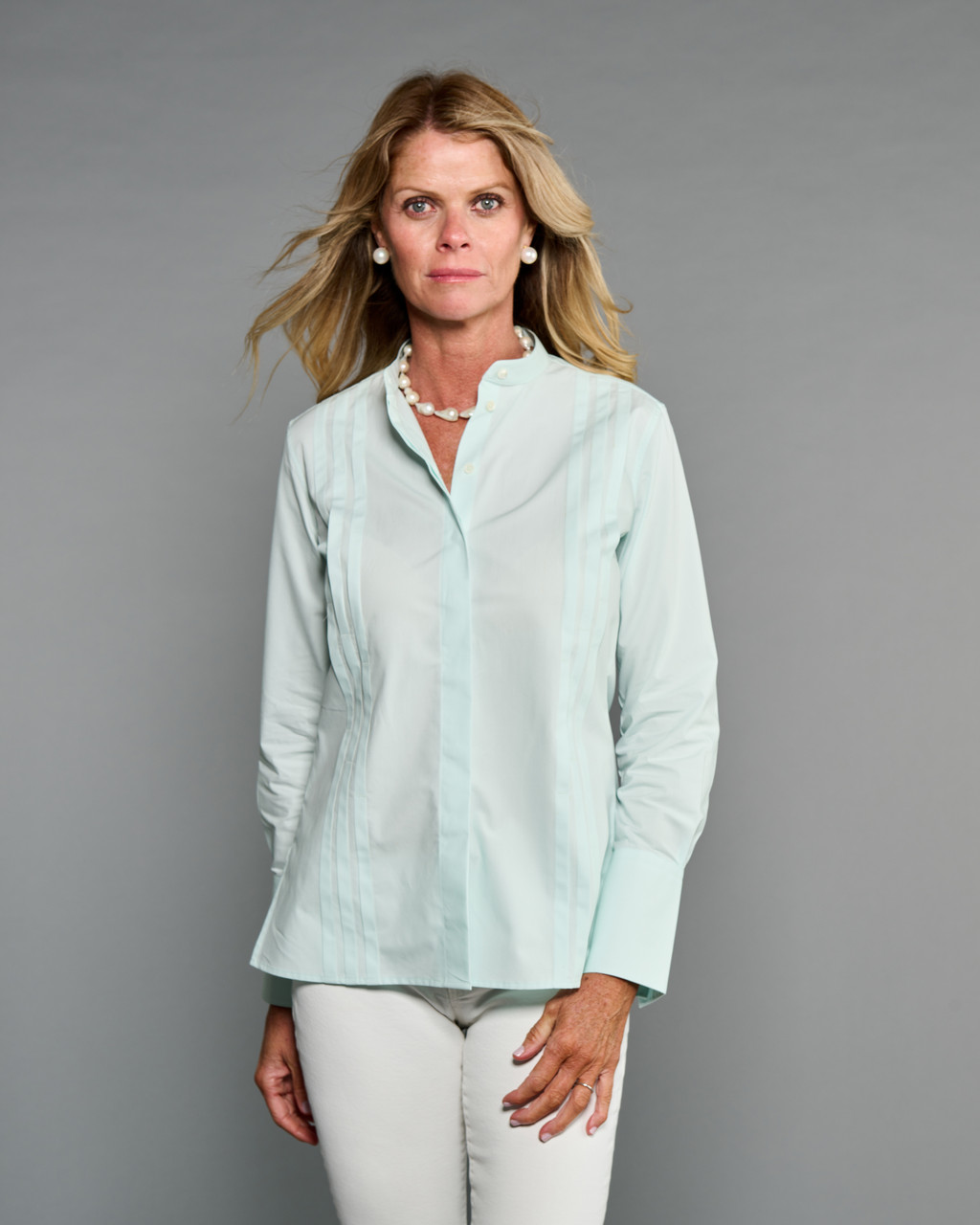 The Annie Shirt in Cool Mint | An Elegant Pleat Front Shirt