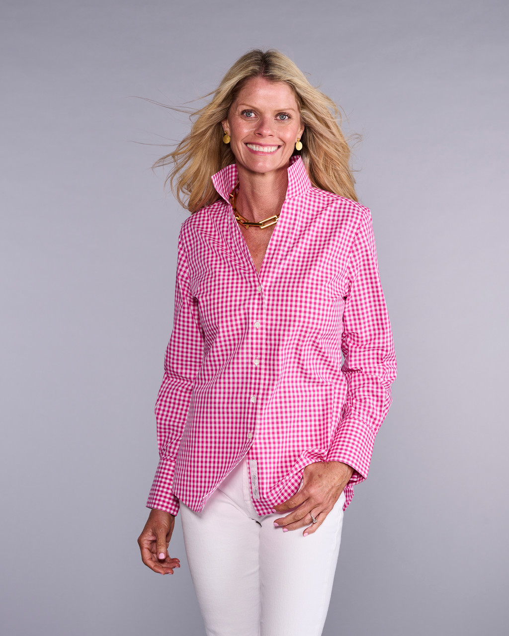 The League in Raspberry Check | Our Popular Fitted-Style Button